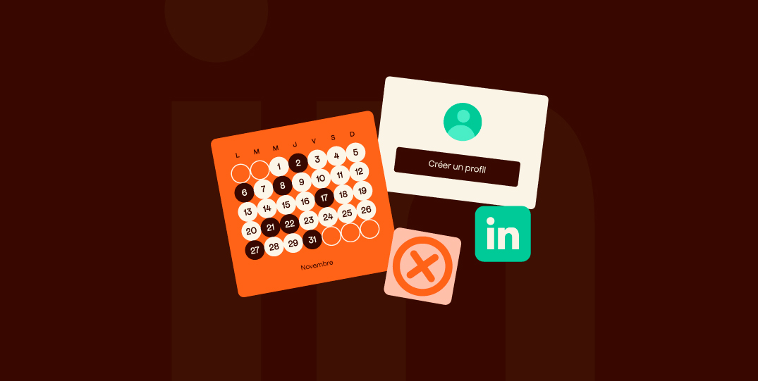 Illustration montrant un calendrier, un profil LinkedIn, et une croix pour représenter les erreurs à éviter sur les réseaux sociaux par les experts-comptables