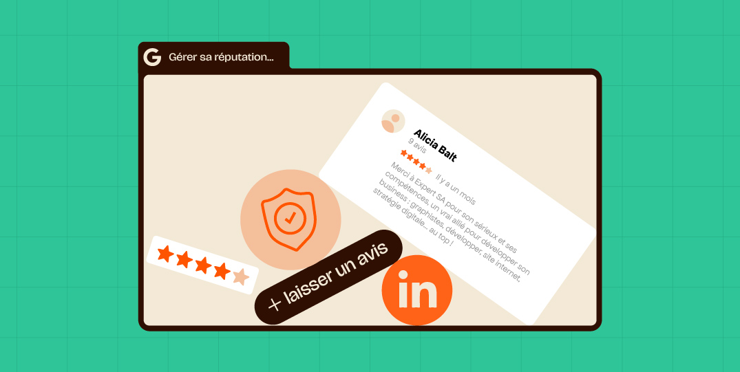 Illustration de la gestion de l’e-réputation pour les cabinets comptables, avec des avis clients, des étoiles de notation, et des icônes LinkedIn et de protection pour refléter la confiance et la présence en ligne.