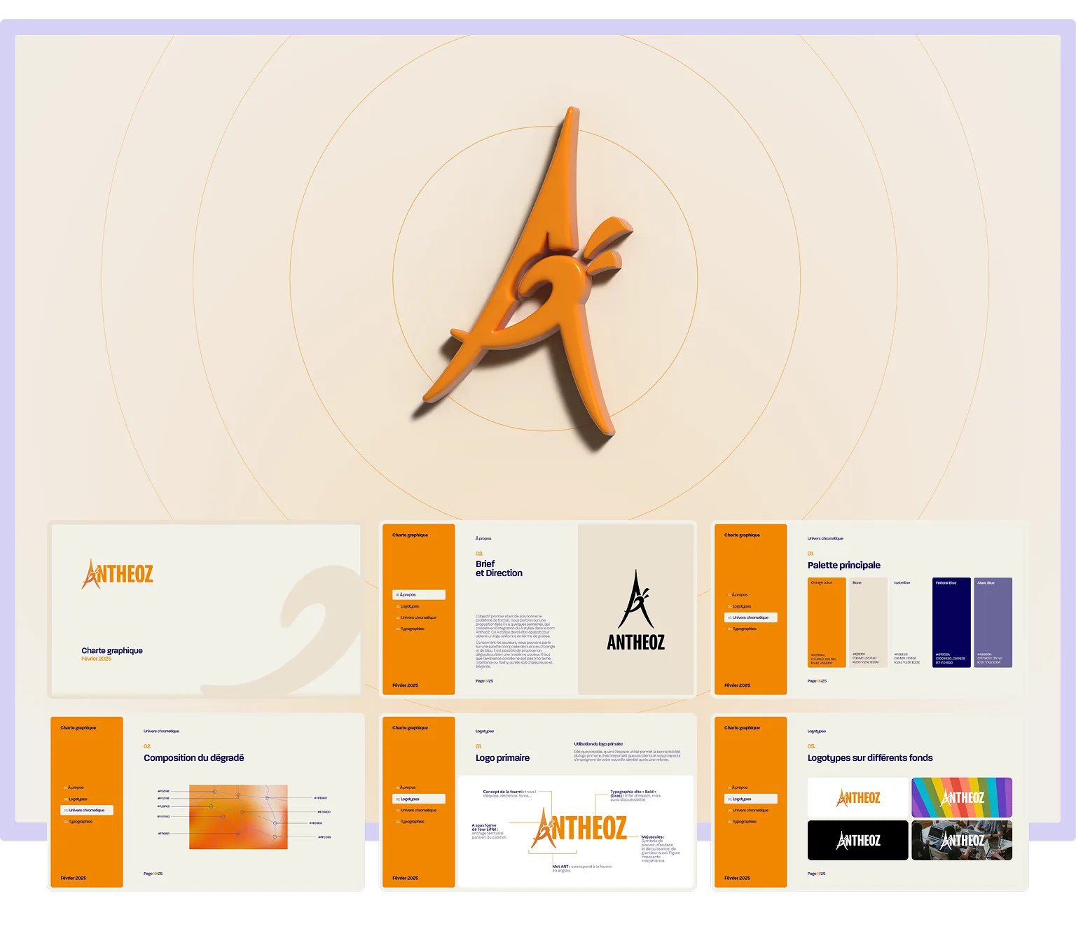 Extrait de la charte graphique Antheoz : logo stylisé en 3D, palette orange et bleu, composition du dégradé et déclinaisons visuelles.