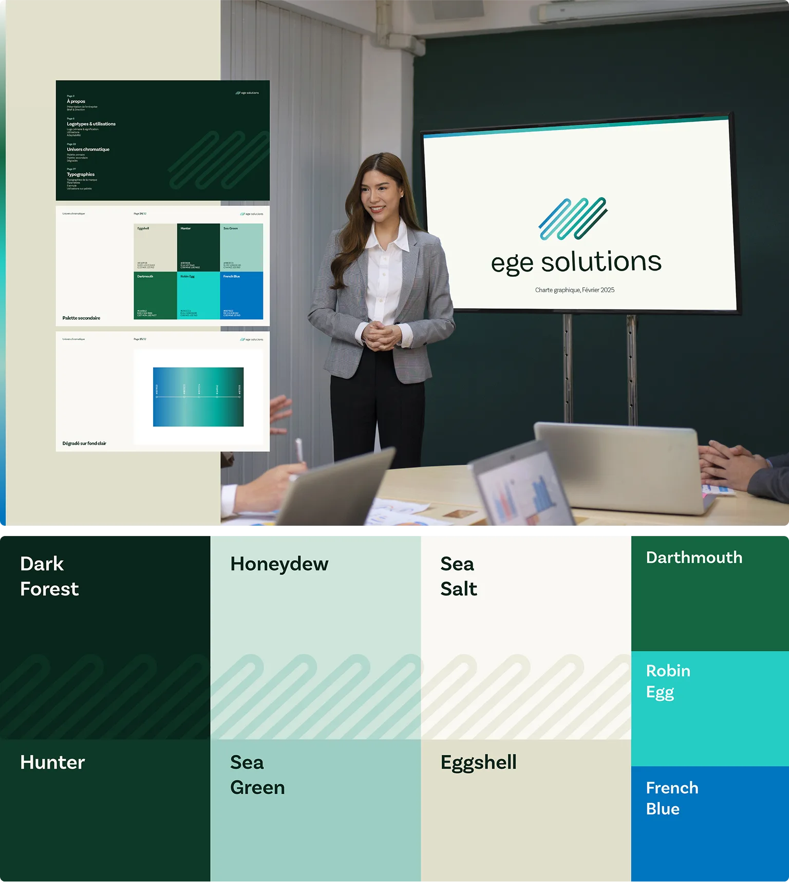 Présentation en réunion de la charte graphique d’Ege Solutions, affichée à l’écran, avec le logo et les grandes lignes de l’identité visuelle conçue par Expert SA et la Palette de couleurs de l’identité visuelle d’Ege Solutions incluant les teintes Dark Forest, Honeydew, Sea Salt, Dartmouth, Hunter, Sea Green, Eggshell, Robin Egg et French Blue, conçue par Expert SA