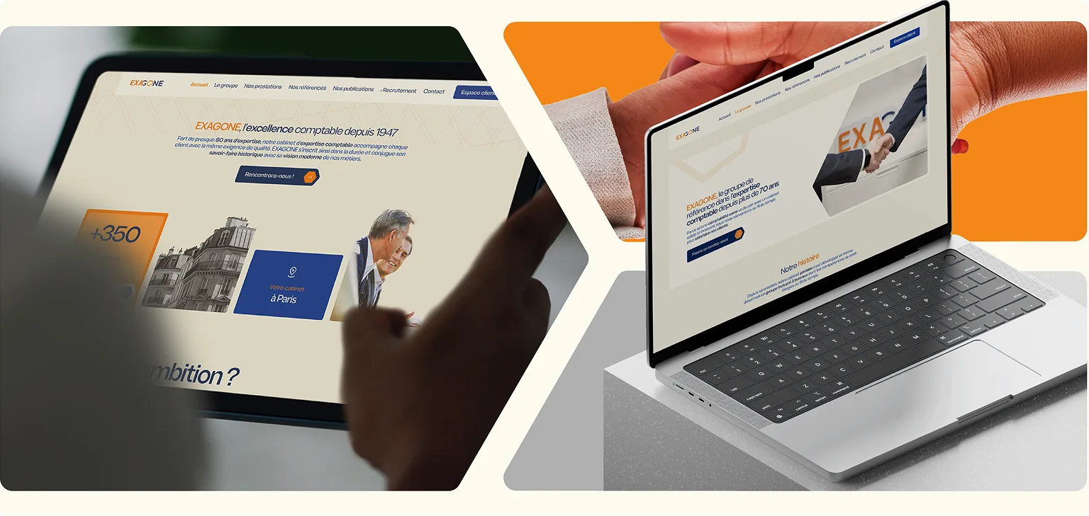 Capture du site vitrine d’Exagone, cabinet d’expertise comptable, montrant l’interface responsive sur tablette et ordinateur portable après la refonte UX/UI.