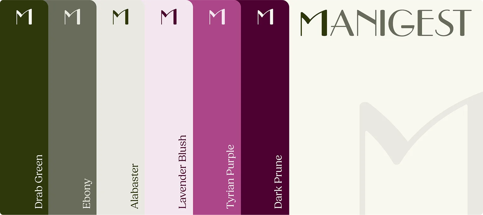 Palette de couleurs de la nouvelle identité visuelle de Manigest : Drab Green, Ebony, Alabaster, Lavender Blush, Tyrian Purple, Dark Prune