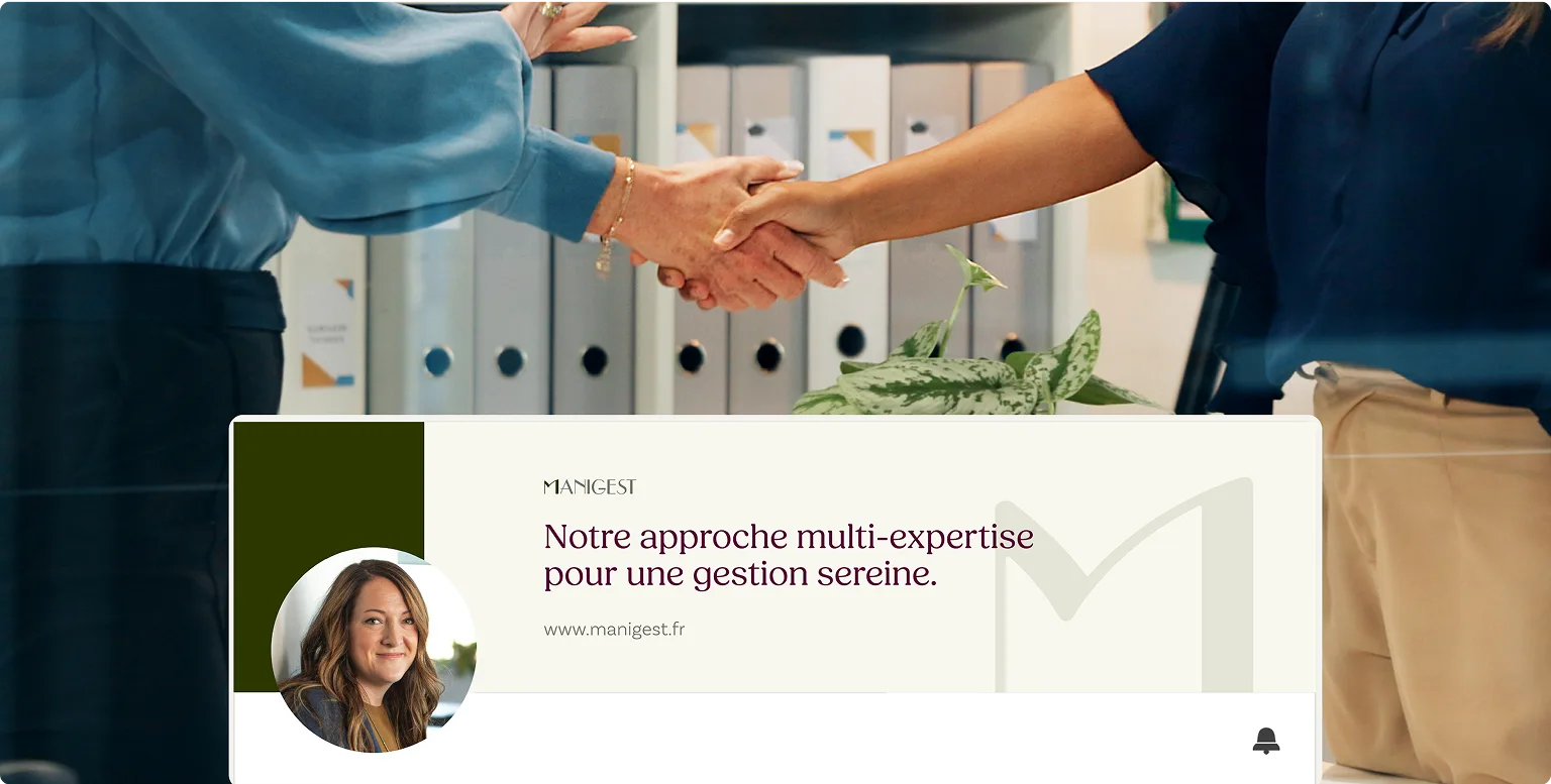 Habillage LinkedIn personnalisé du profil professionnel de Manigest avec nouvelle identité visuelle