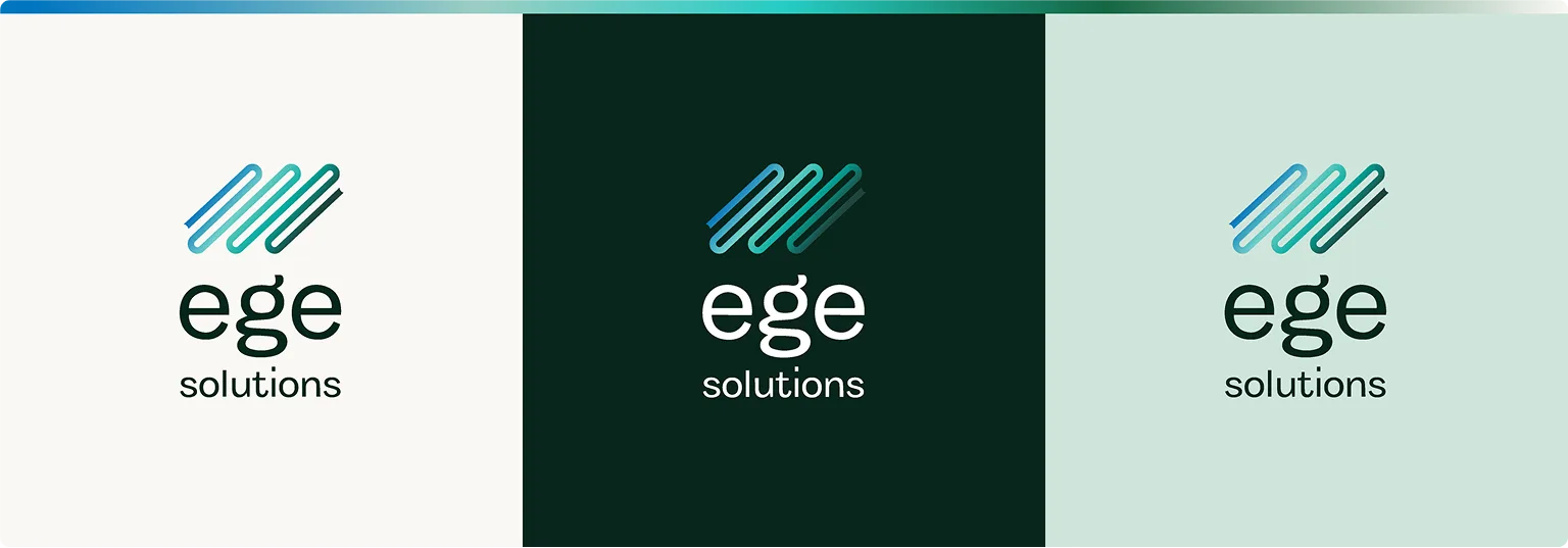 Variations du logo Ege Solutions sur fond clair, foncé et pastel, illustrant la charte graphique déployée par Expert SA