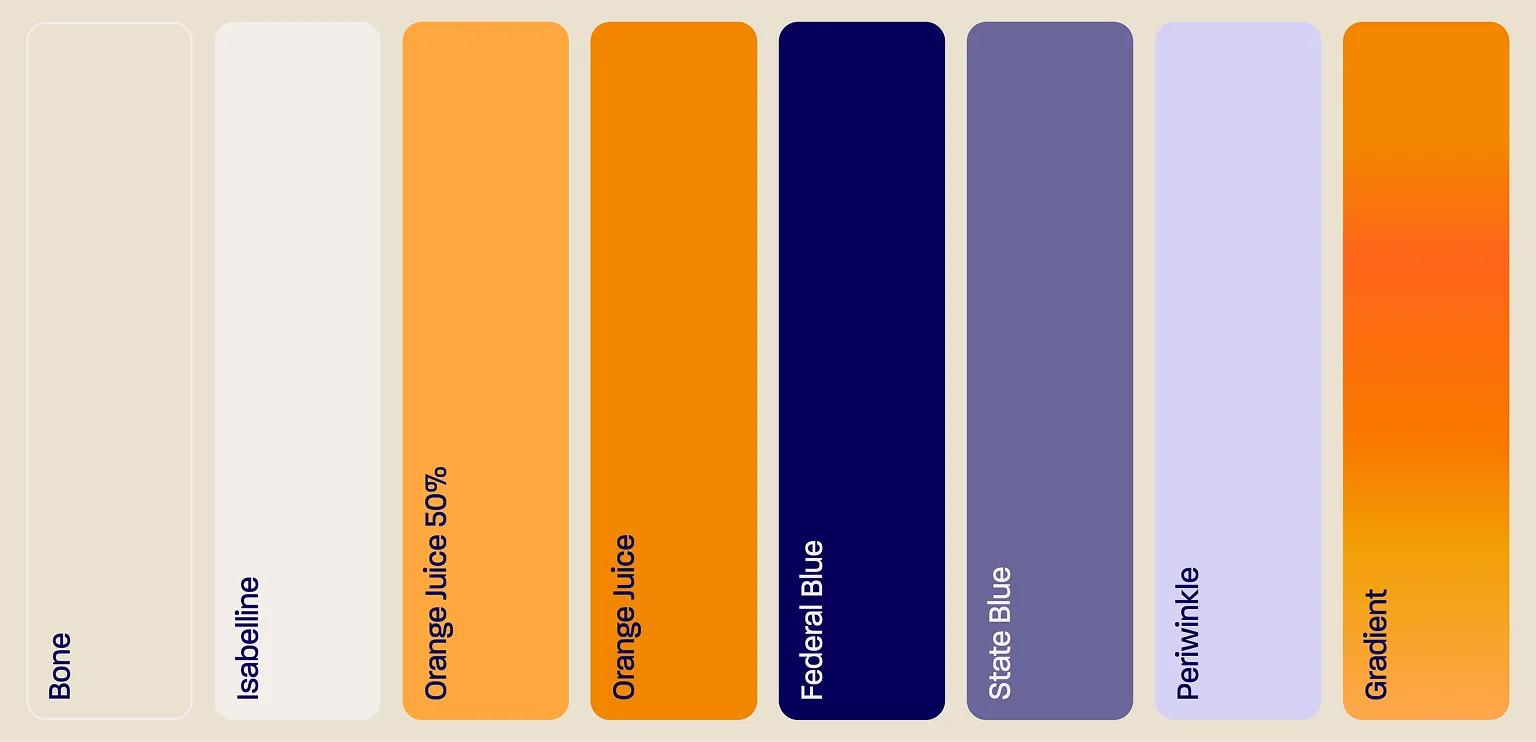 Palette de couleurs Antheoz : tons chauds et bleus complémentaires, incluant un dégradé orange dynamique.