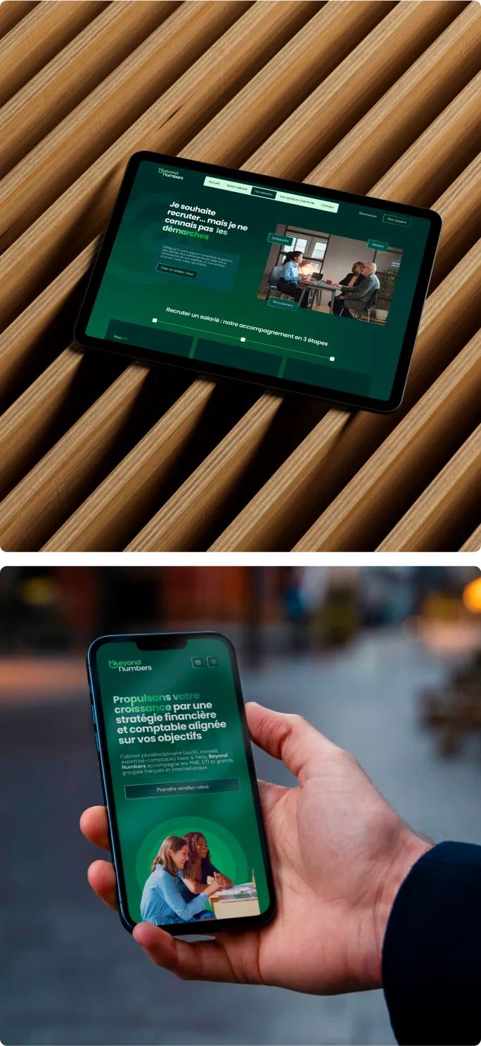 Affichage du site internet de Beyond Numbers sur tablette et smartphone après la refonte