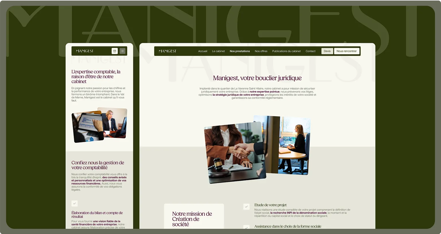 Vue du site internet Manigest après refonte : affichage desktop et mobile responsive