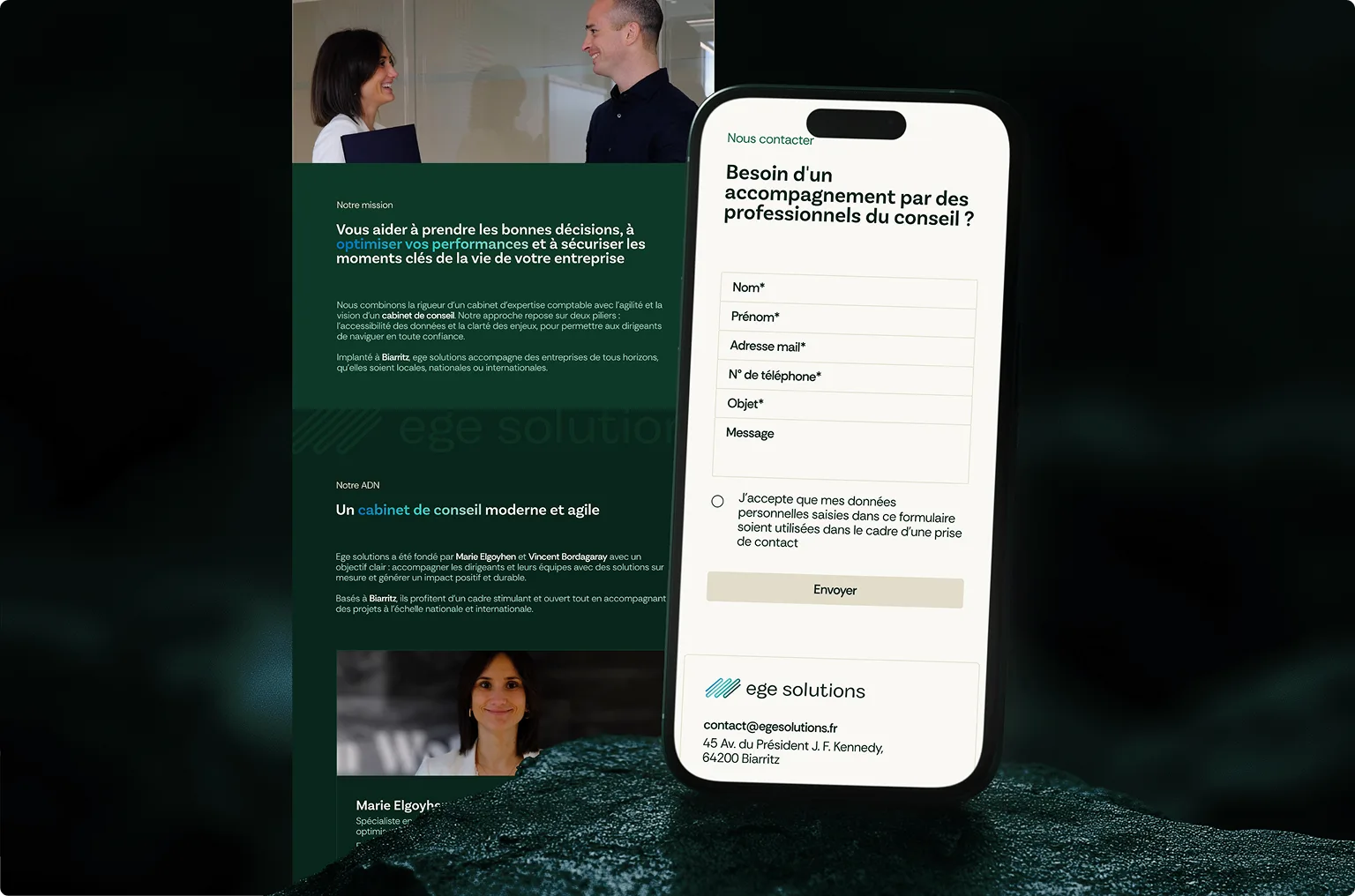Version mobile du site Ege Solutions affichant le formulaire de contact, pensée pour une navigation fluide et une prise de contact rapide sur smartphone.
