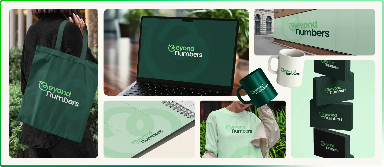 Supports de communication de Beyond Numbers : tote bag, goodies, papeterie, affichage et carte de visite avec la nouvelle identité visuelle