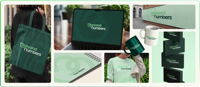 Supports de communication de Beyond Numbers : tote bag, goodies, papeterie, affichage et carte de visite avec la nouvelle identité visuelle