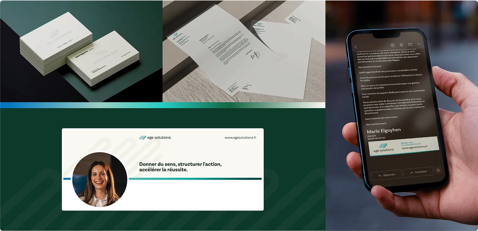 Supports de communication créés pour Ege Solutions par Expert SA : carte de visite, papier à en-tête, signature de mail professionnelle et bannière LinkedIn, déclinés à partir de leur nouvelle charte graphique.