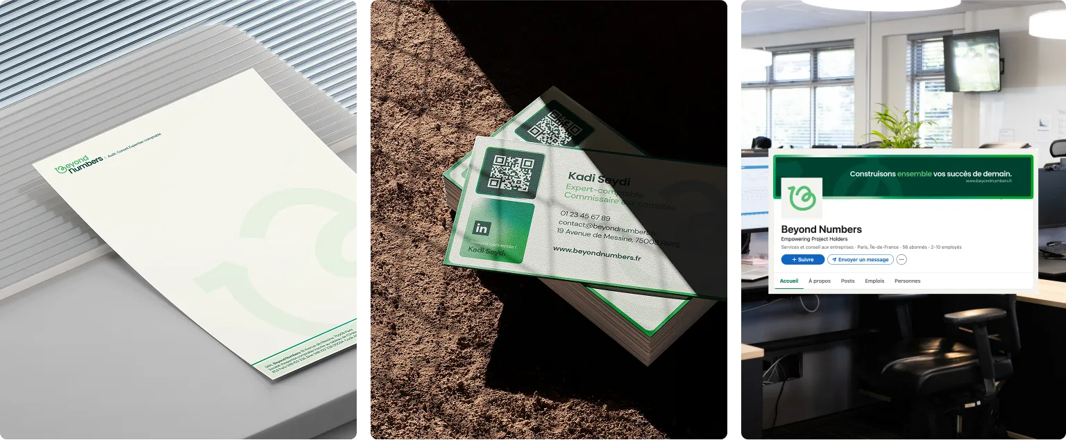 Supports individuels de Beyond Numbers : papier à en-tête, carte de visite et habillage LinkedIn avec la nouvelle identité visuelle