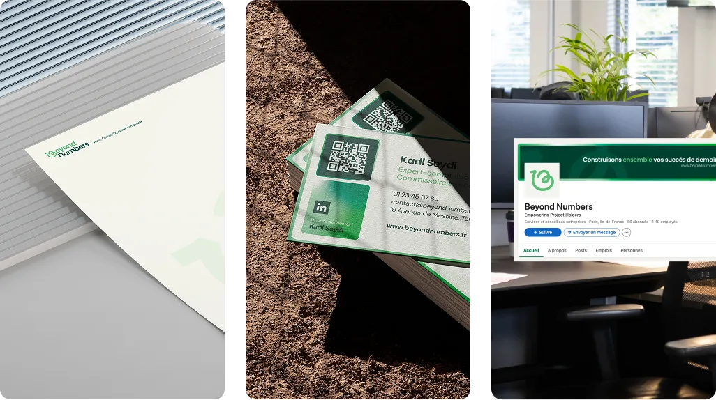 Supports individuels de Beyond Numbers : papier à en-tête, carte de visite et habillage LinkedIn avec la nouvelle identité visuelle